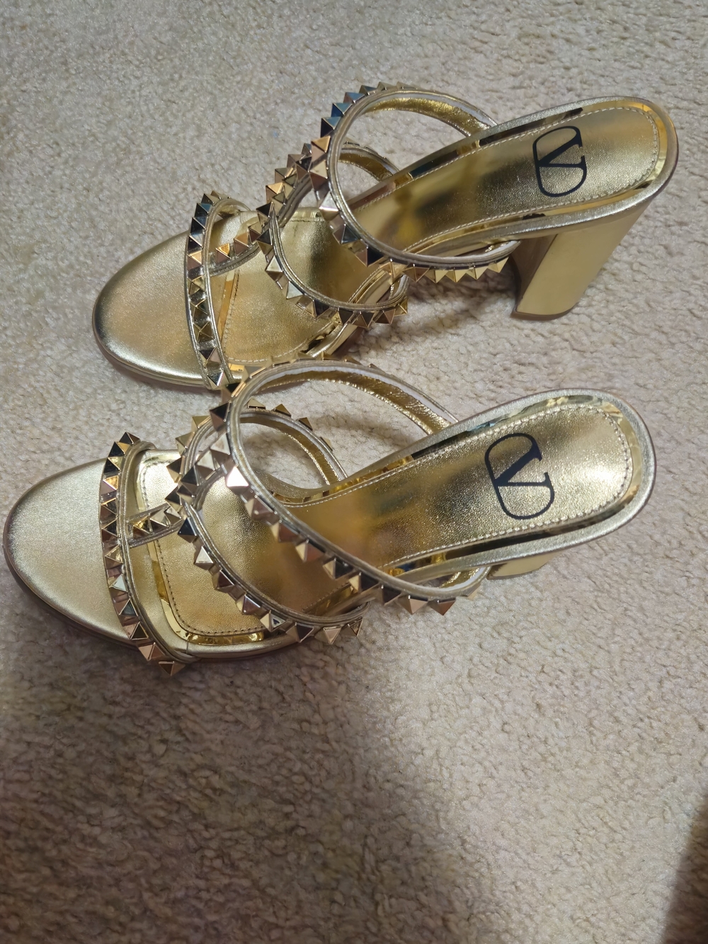 Valentino Garavani Gold Pyramid-Stud Block Heel Sandals